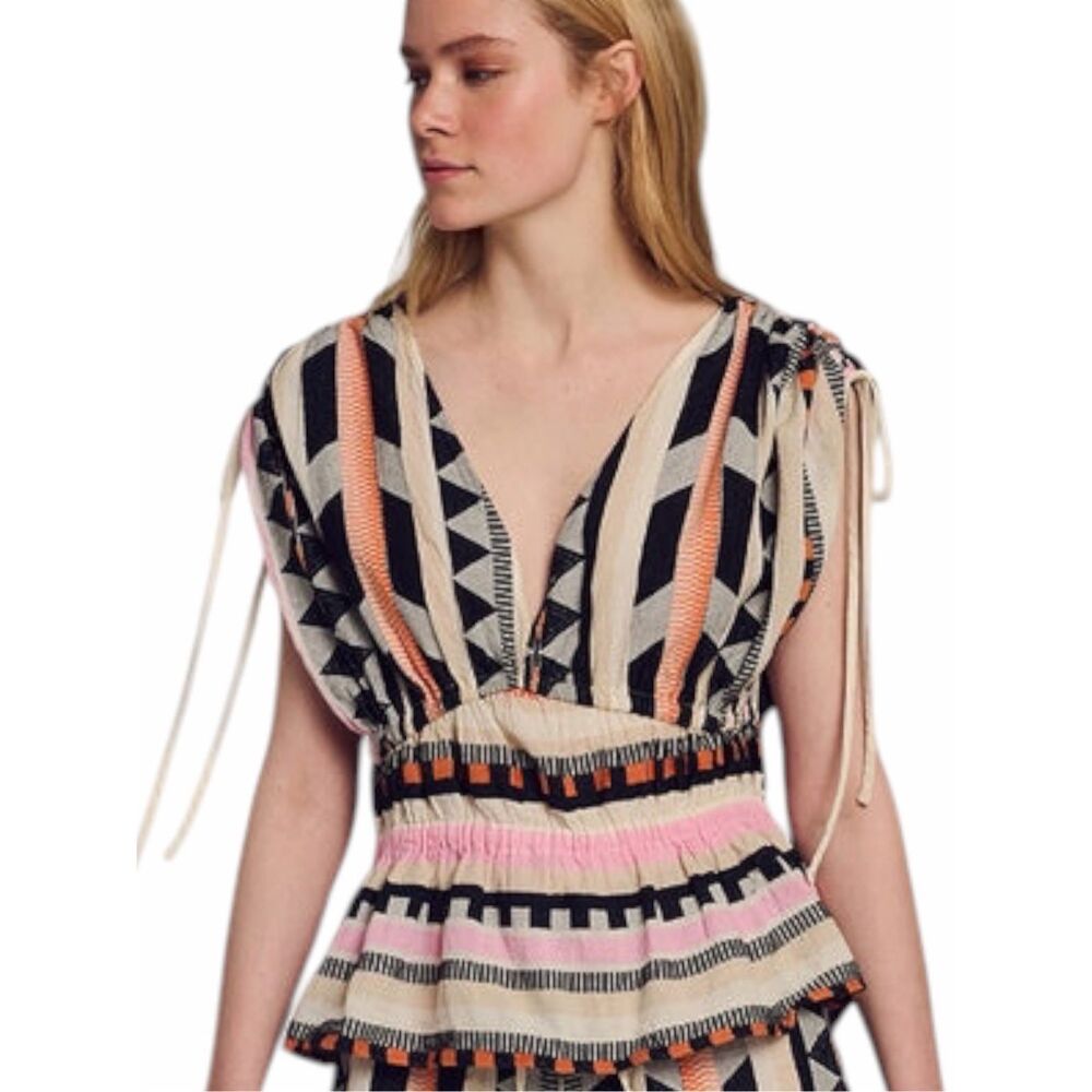 DEVOTION TWINS Astakida Geometric Embroidered Peplum Blouse Multicolor Large